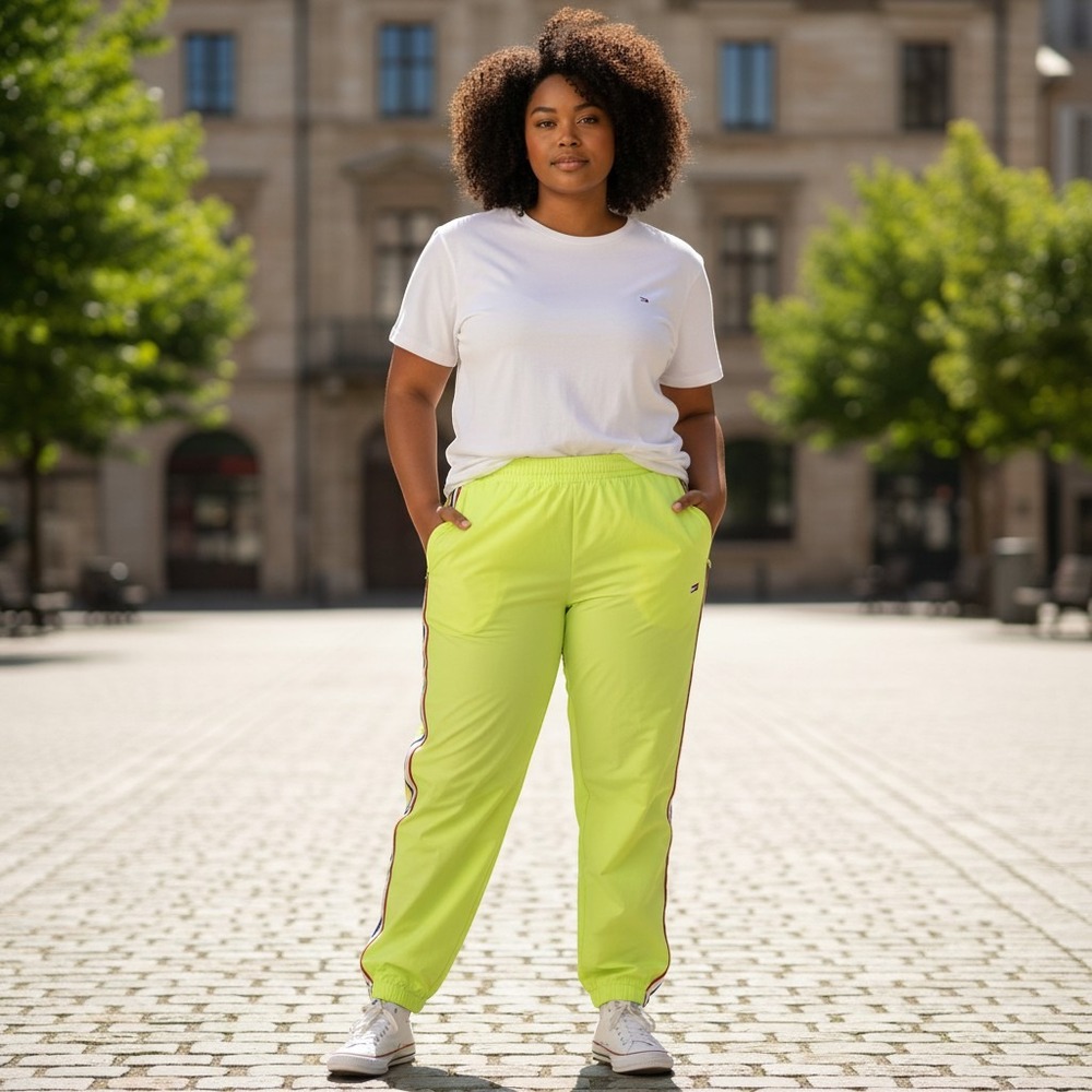 Tommy Hilfiger Track Pants Women L Neon Yellow Windbreaker Retro Sporty Joggers